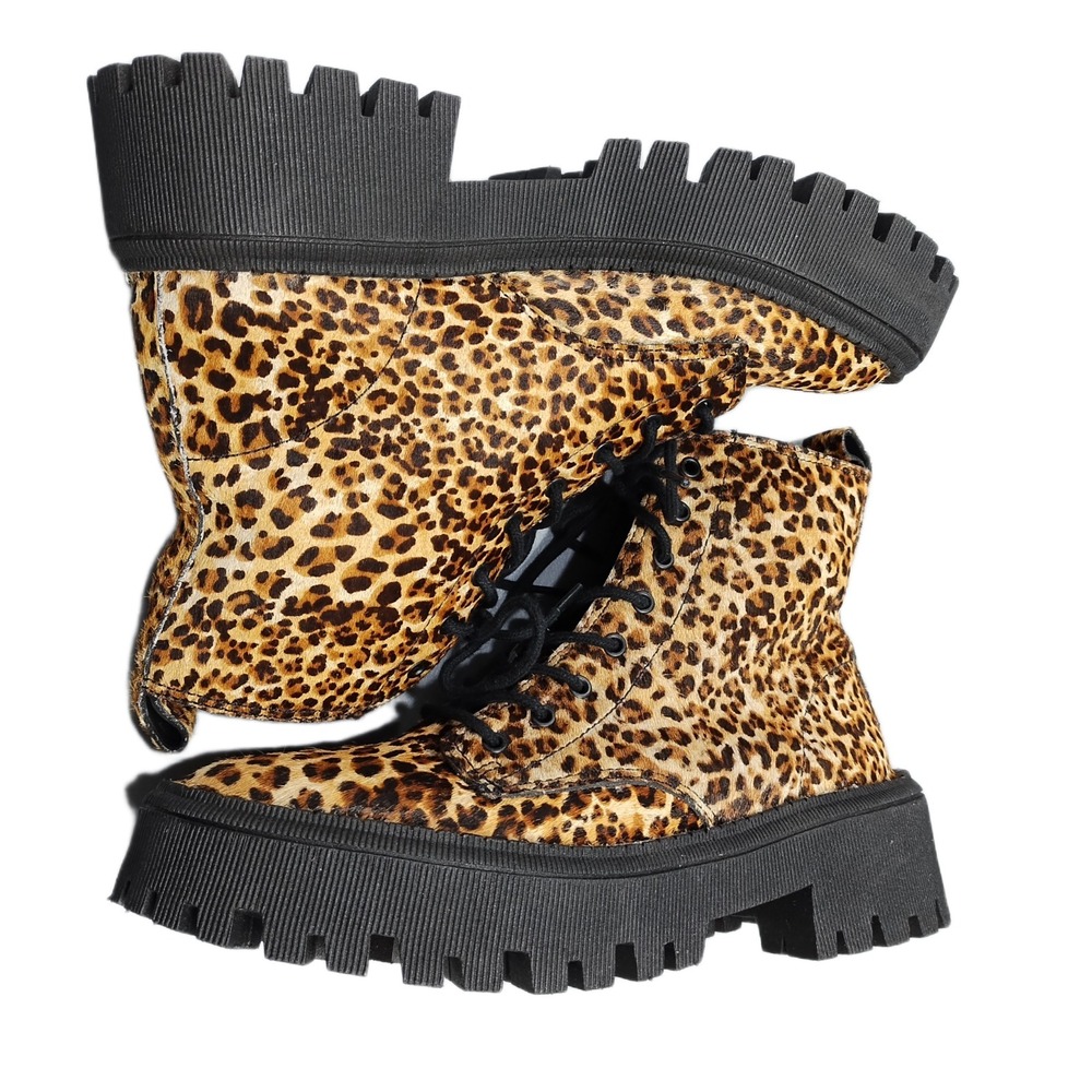 Arezzo Trento Haircalf Combat Boots Women US 7.5 Multi Cheetah Print Lace Up EUC